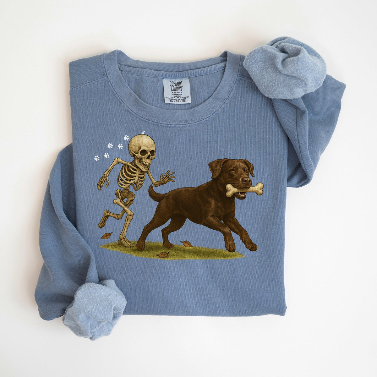Bone Thief - Chocolate Lab - Comfort Colors crewneck in Blue Jean
