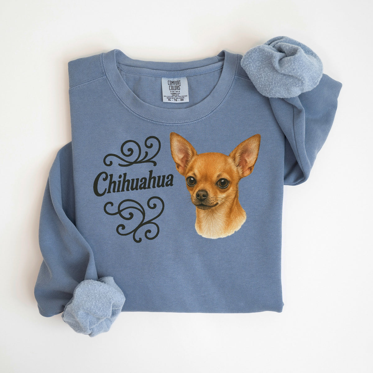 Chihuahua Portrait & Script - Comfort Colors crewneck in Blue Jean