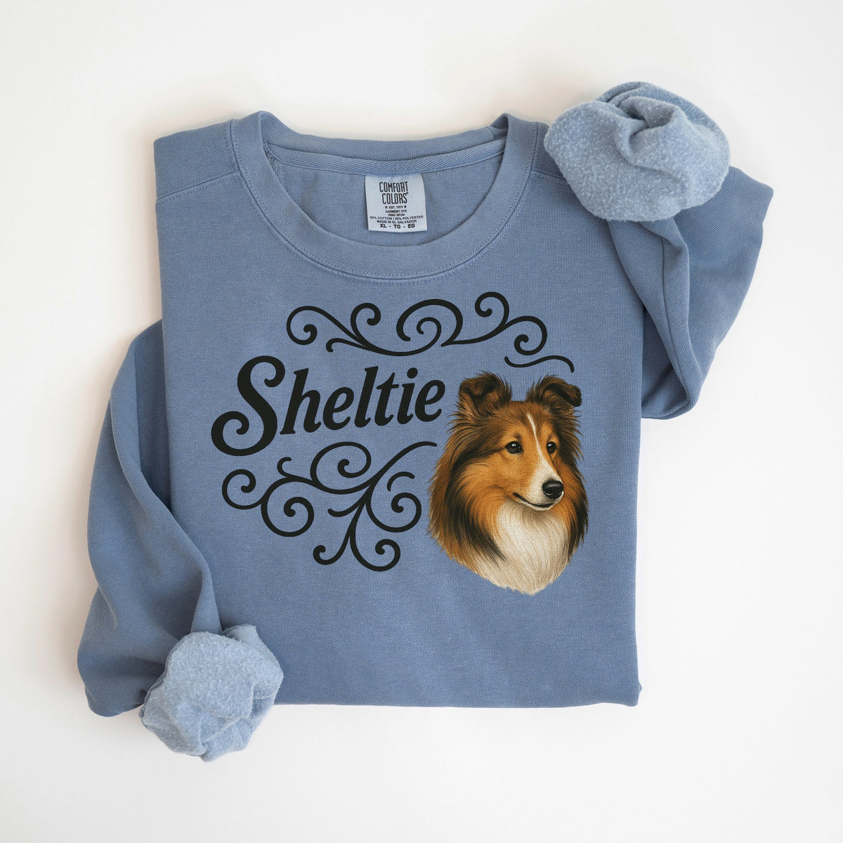 Sheltie Portrait & Script - Comfort Colors crewneck in Blue Jean