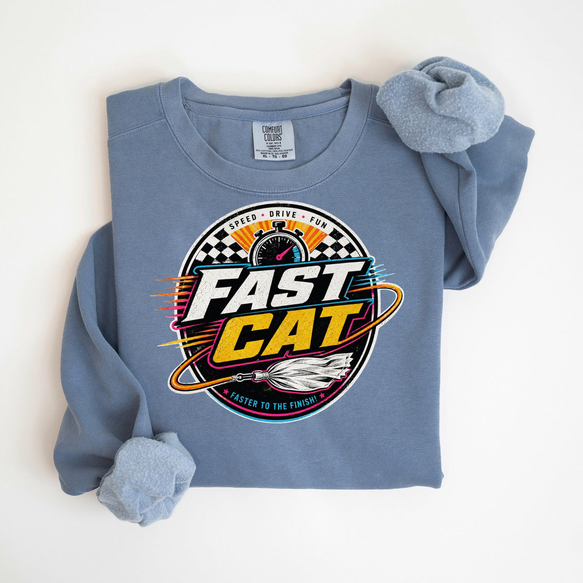 Fast CAT: Faster to the Finish - Comfort Colors crewneck in Blue Jean