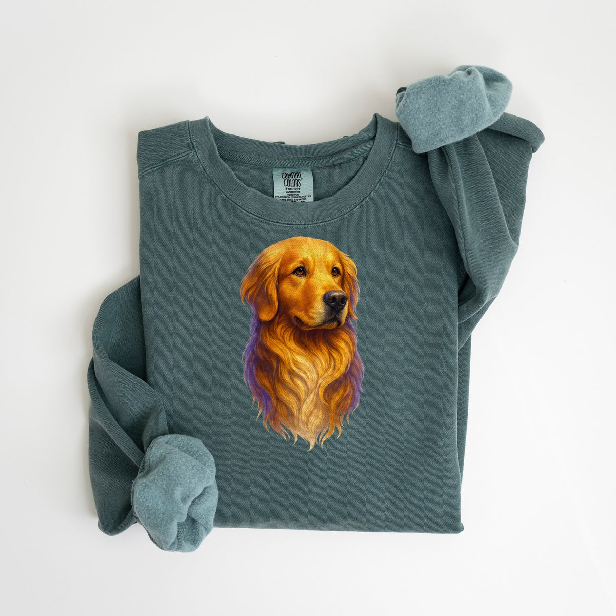 Golden Retriever Painted Portrait - Comfort Colors crewneck in Blue Spruce