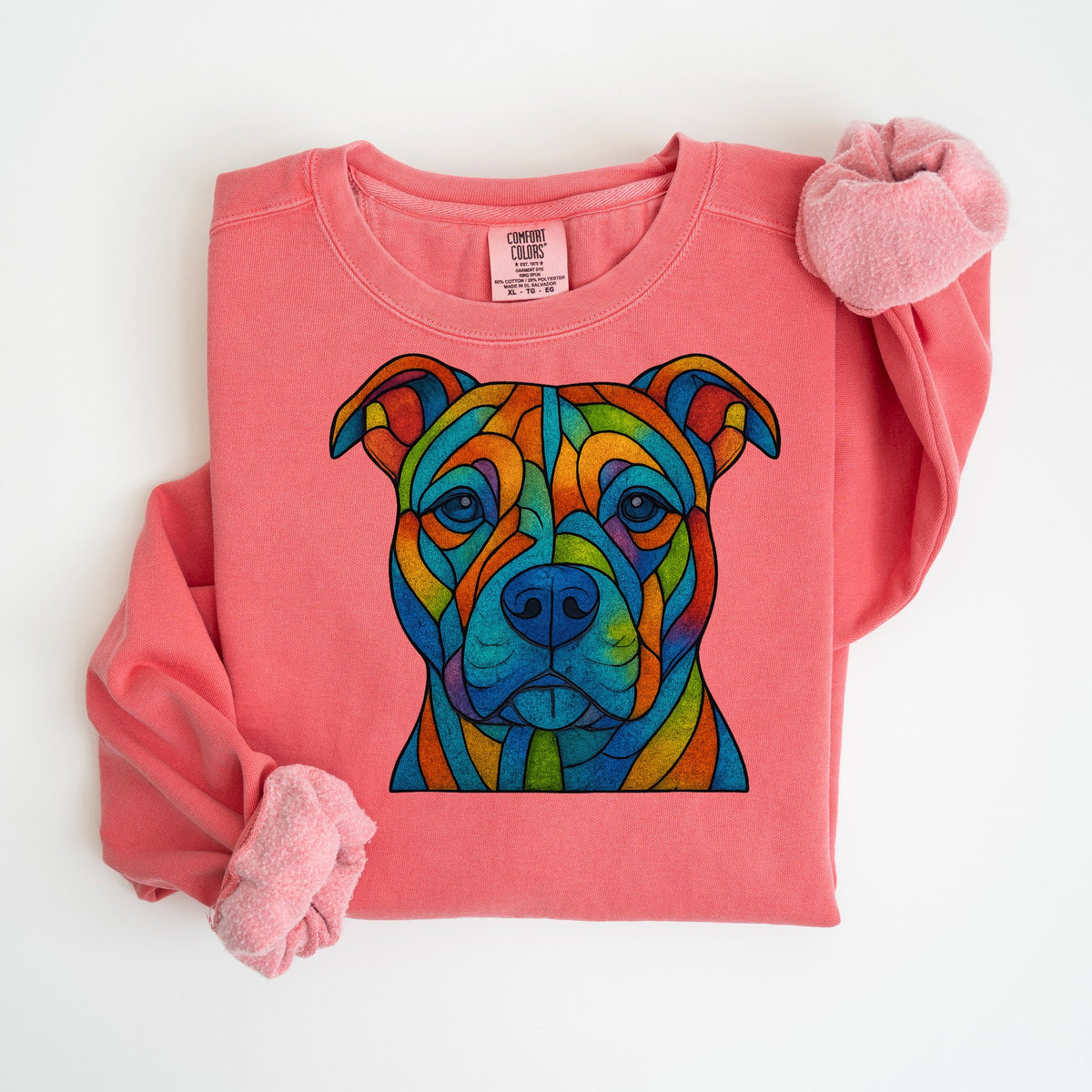 Stained Glass Pit Bull - Blue & Orange - Comfort Colors crewneck in Watermelon