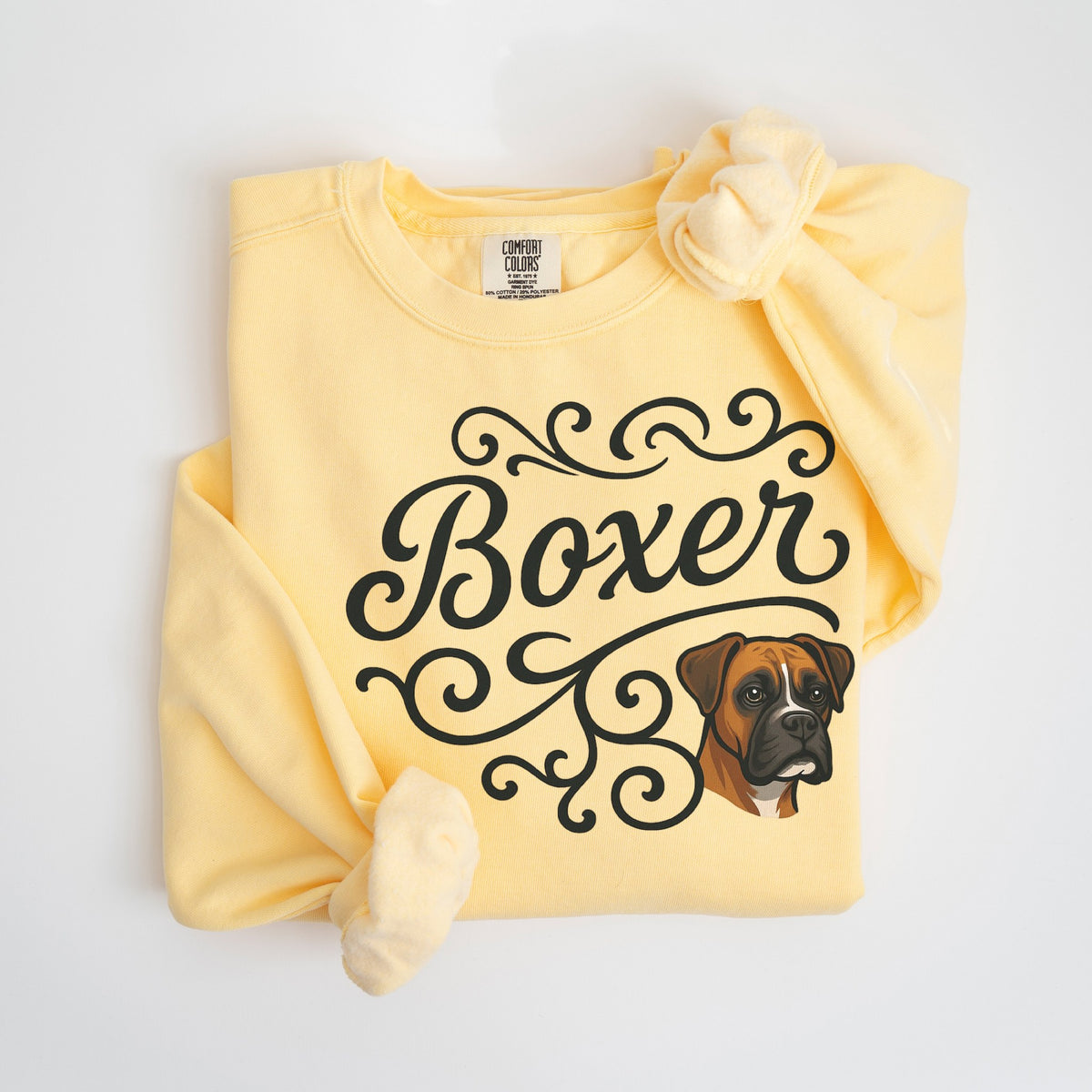 Boxer Portrait & Script - Comfort Colors crewneck in Butter