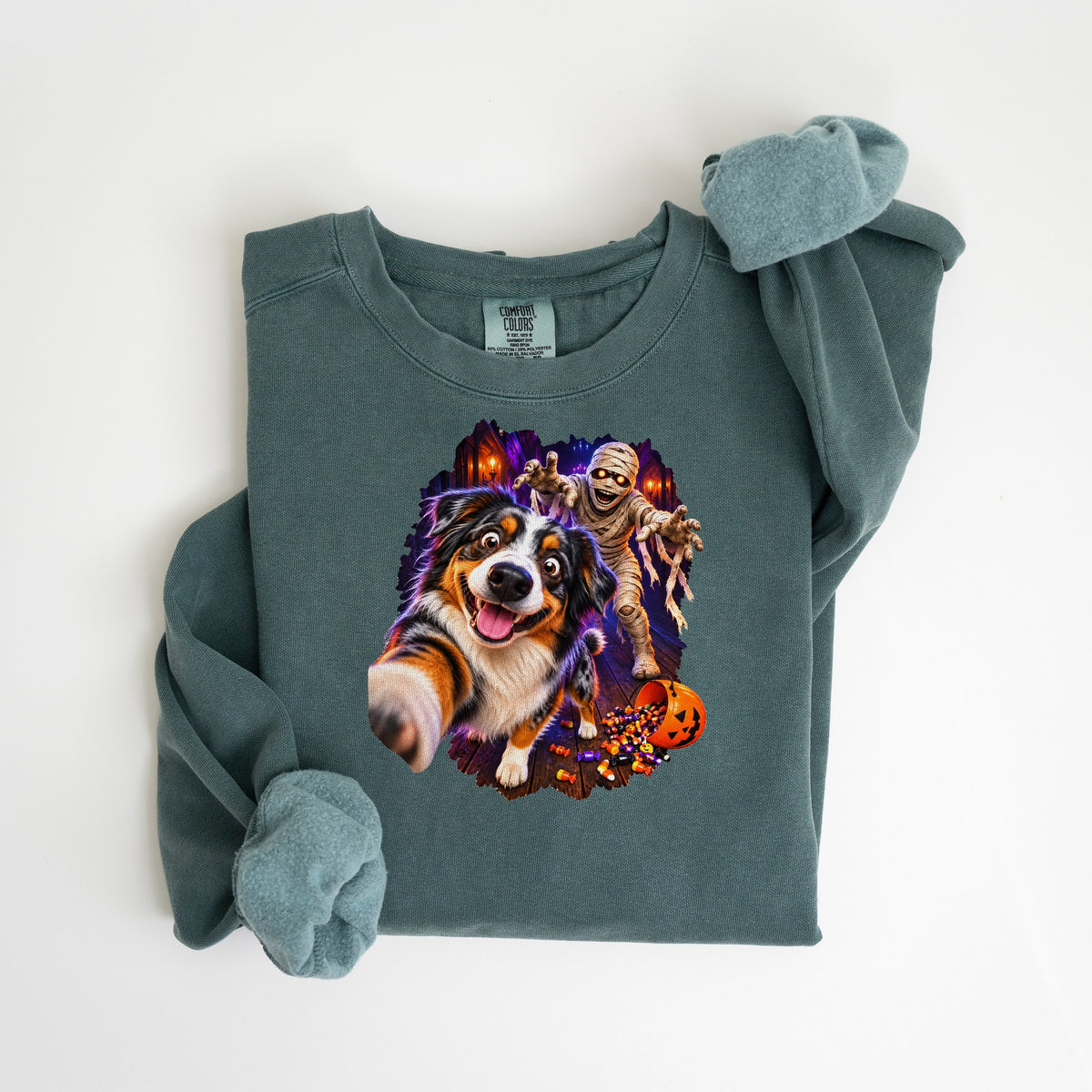 Halloween Mummy Selfie - Comfort Colors crewneck in Blue Spruce