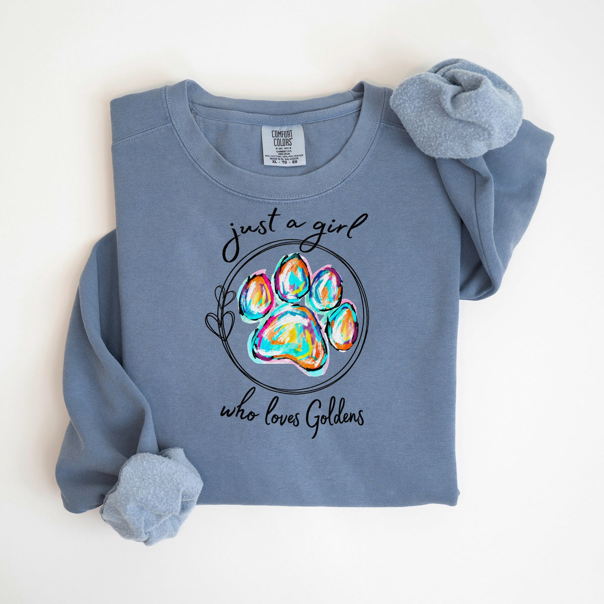 Just a Girl Who Loves Goldens - Comfort Colors crewneck in Blue Jean