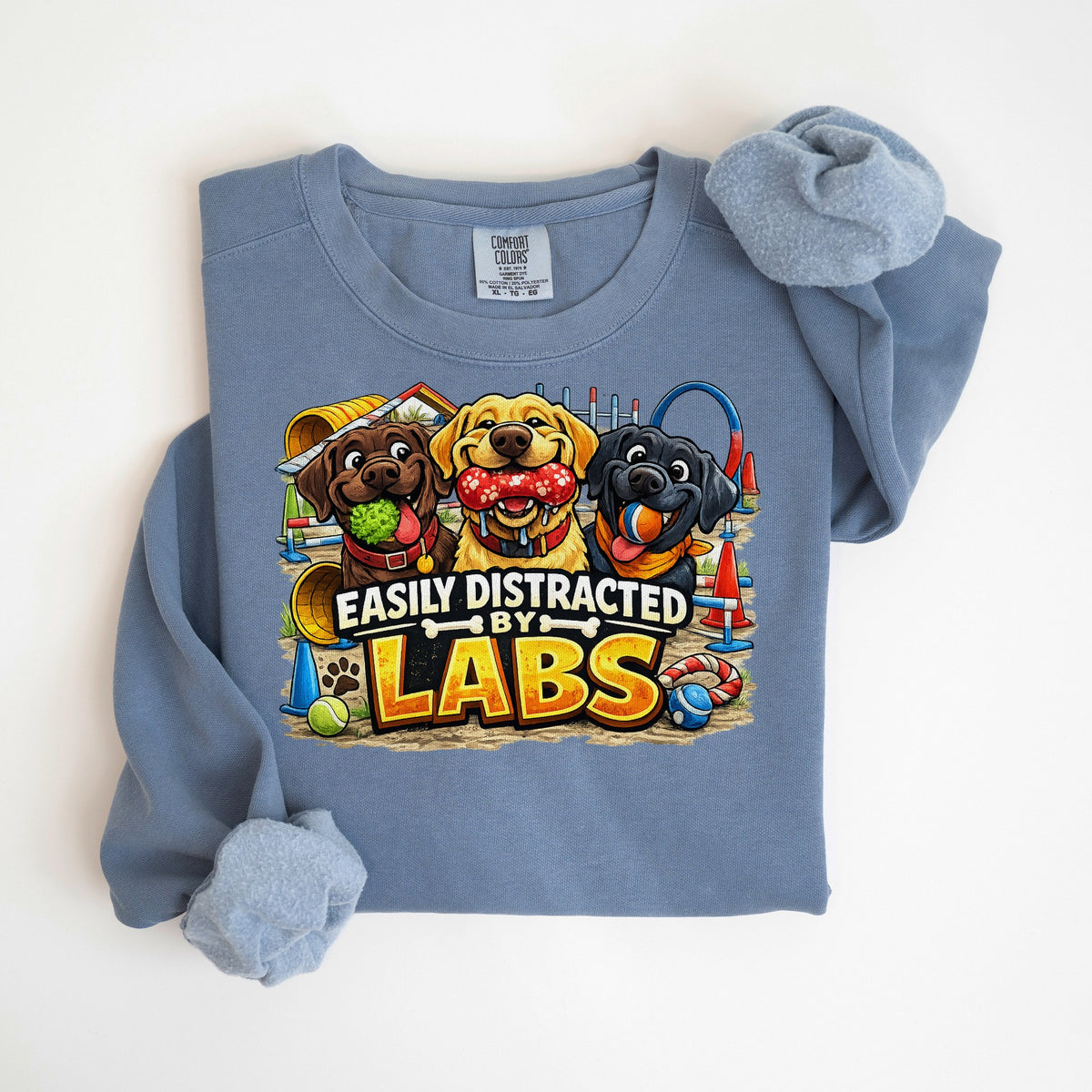 Easily Distracted by Labs - Comfort Colors crewneck in Blue Jean