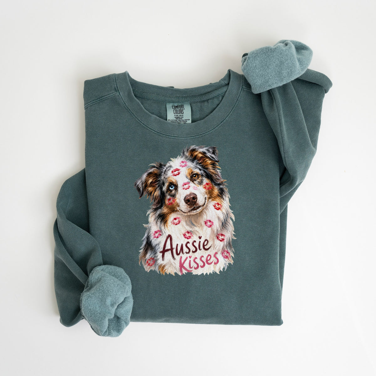 Aussie Kisses - Blue Merle - Comfort Colors crewneck in Blue Spruce