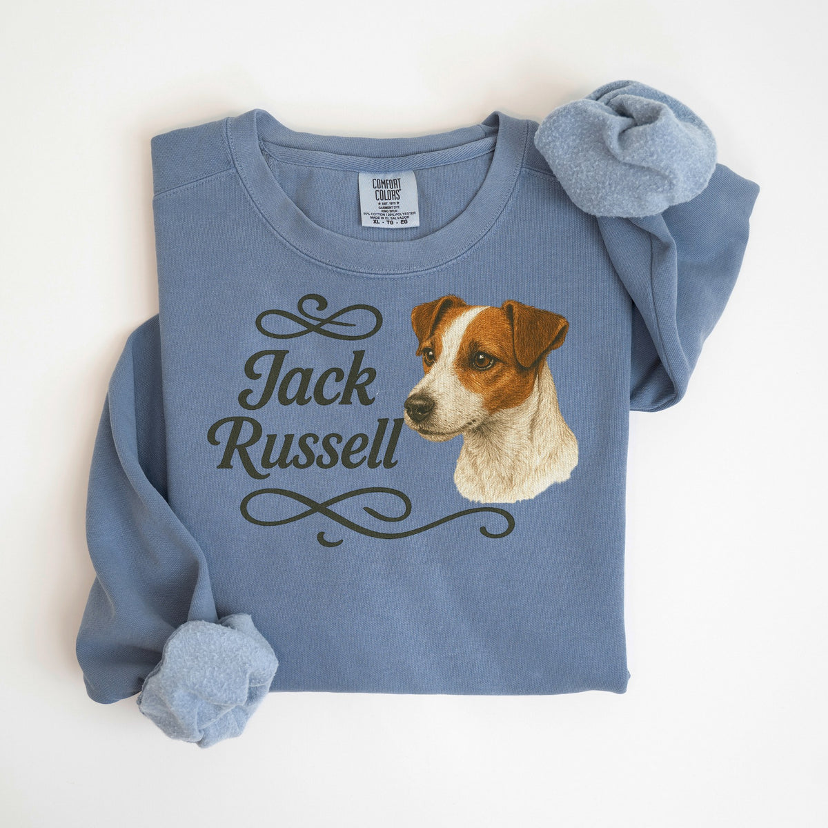 Jack Russell Portrait & Script - Comfort Colors crewneck in Blue Jean