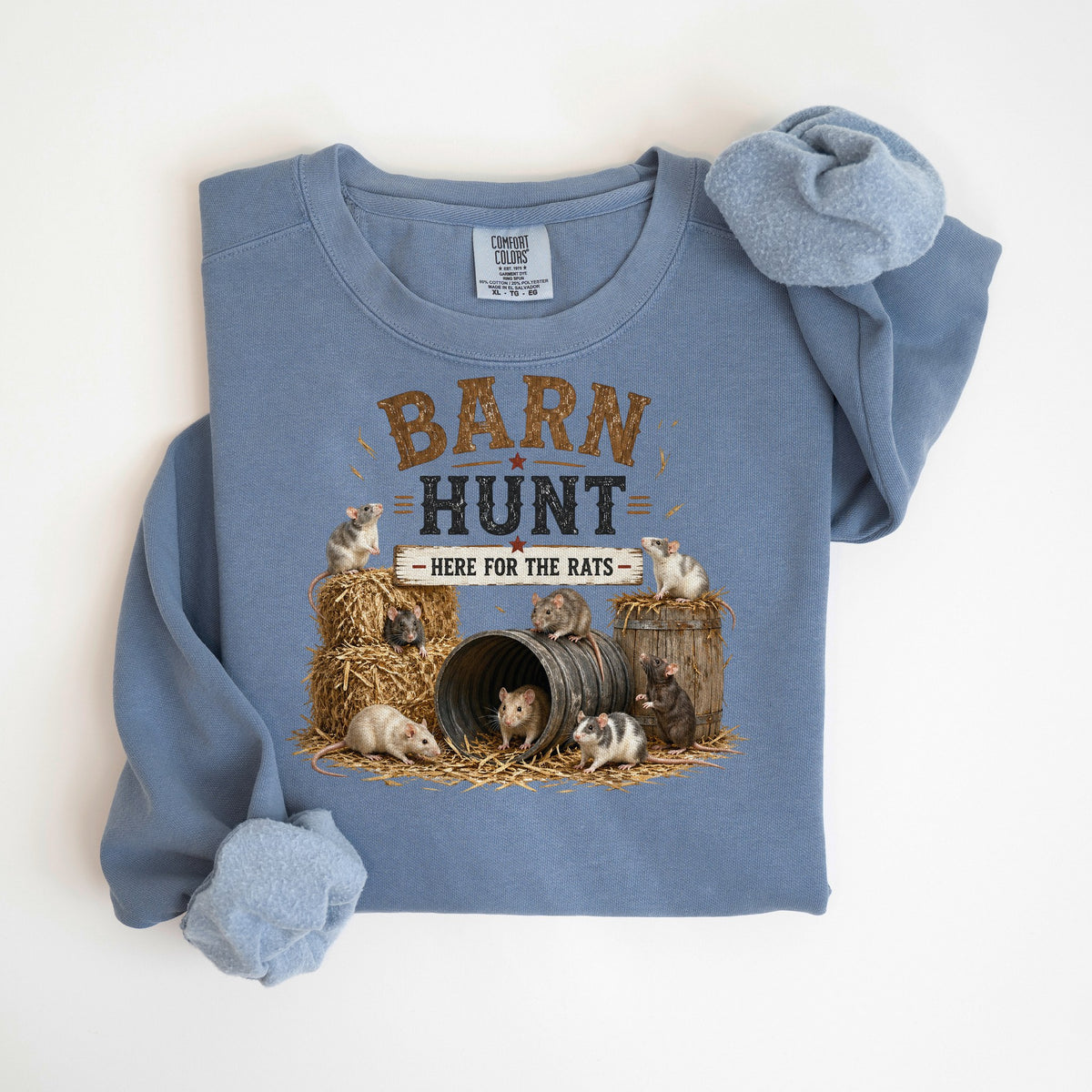 Barn Hunt: Here for the Rats - Hay Bales - Comfort Colors crewneck in Blue Jean