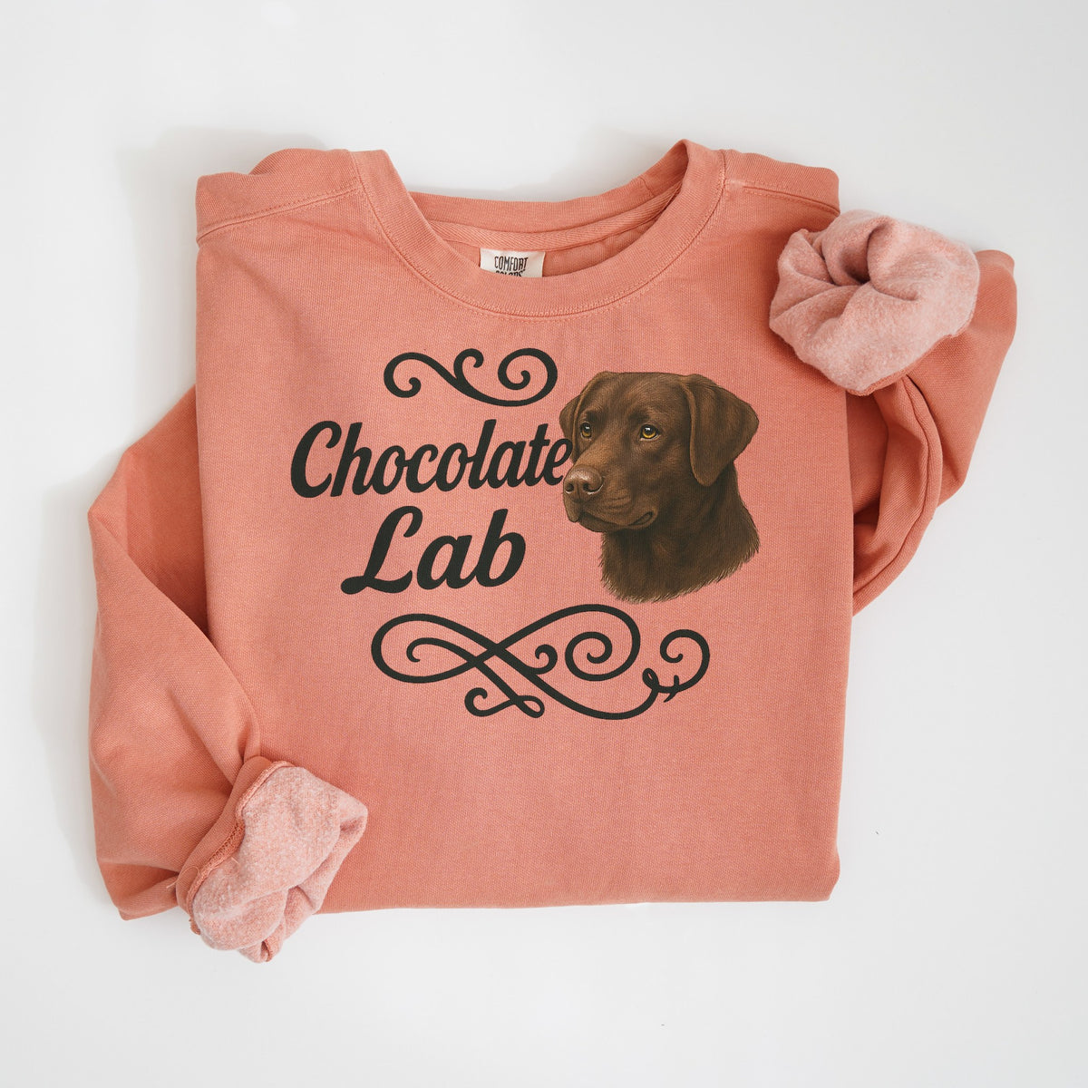 Chocolate Lab Portrait & Script - Comfort Colors crewneck in Terracotta