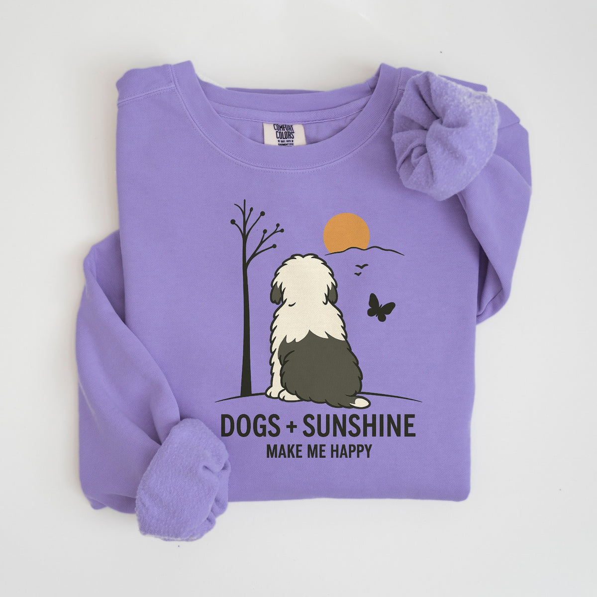 Dogs + Sunshine Make Me Happy - Sheepdog - Comfort Colors crewneck in Violet