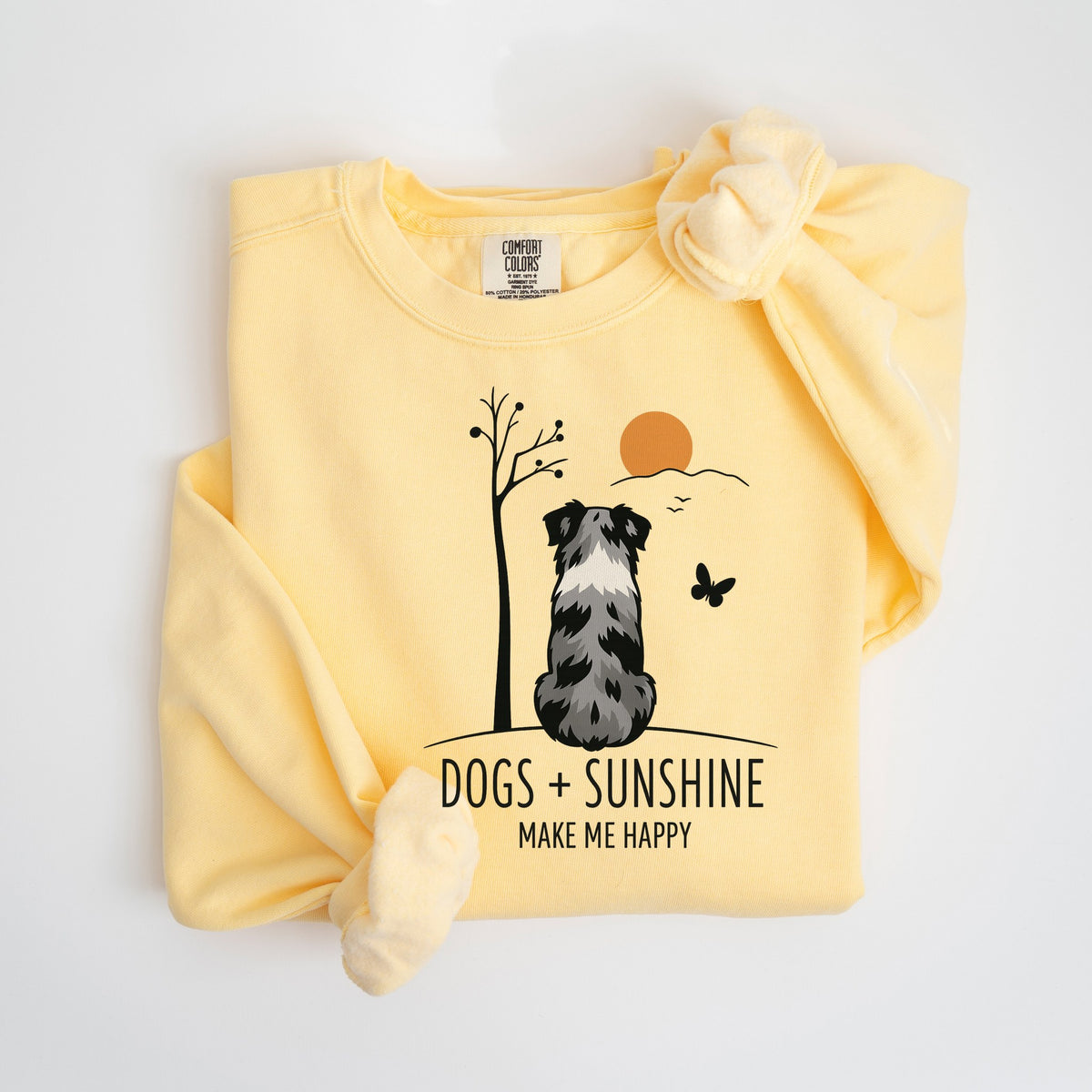 Dogs + Sunshine Make Me Happy - Blue Merle Aussie - Comfort Colors crewneck in Butter
