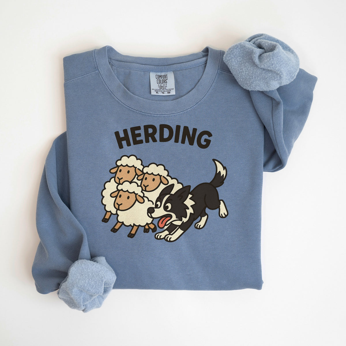 Herding - Border Collie & Sheep - Comfort Colors crewneck in Blue Jean