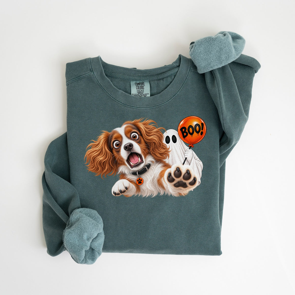 Boo! Cavalier King Charles & Ghost - Comfort Colors crewneck in Blue Spruce