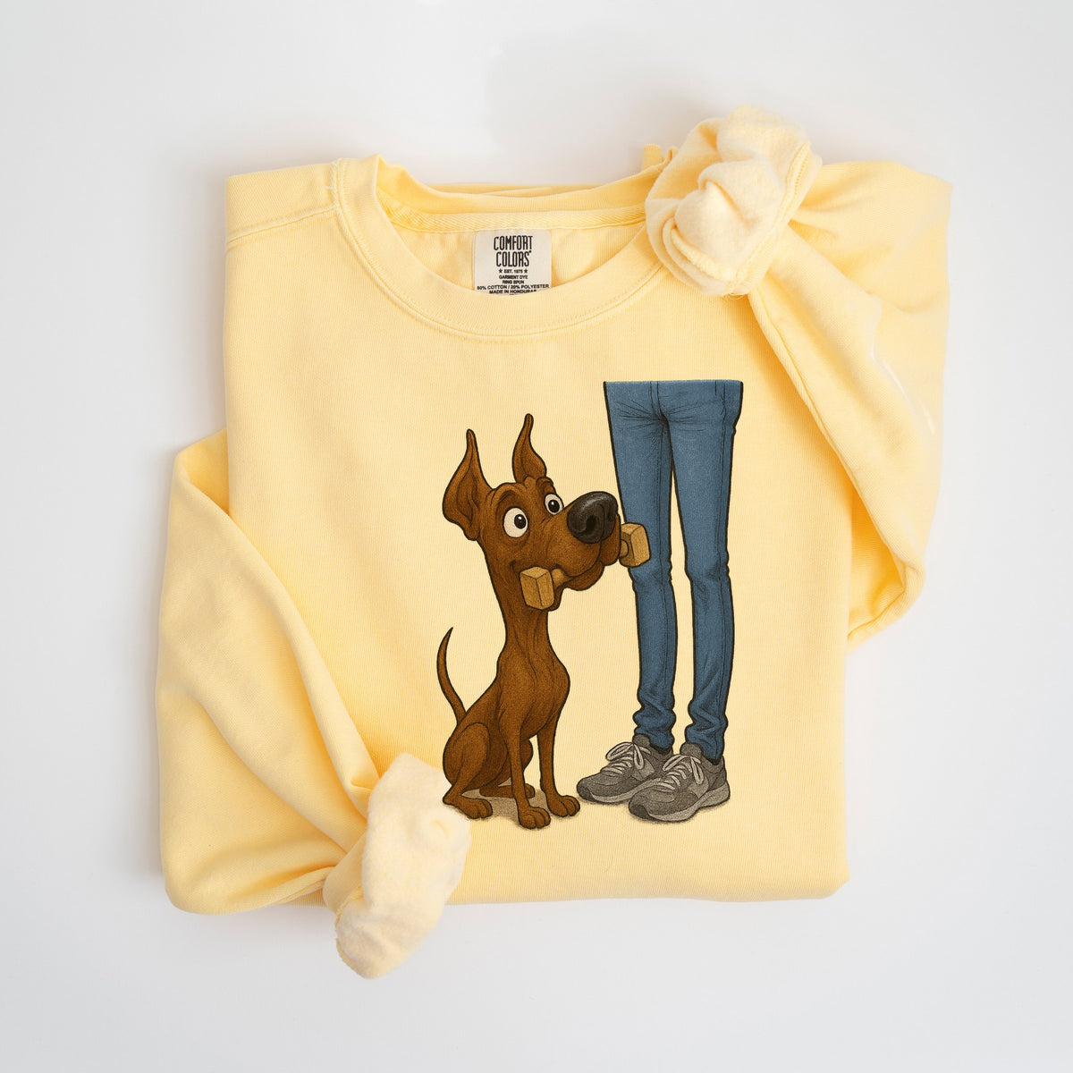Dumbbell Retrieve - Brown Great Dane - Comfort Colors crewneck in Butter