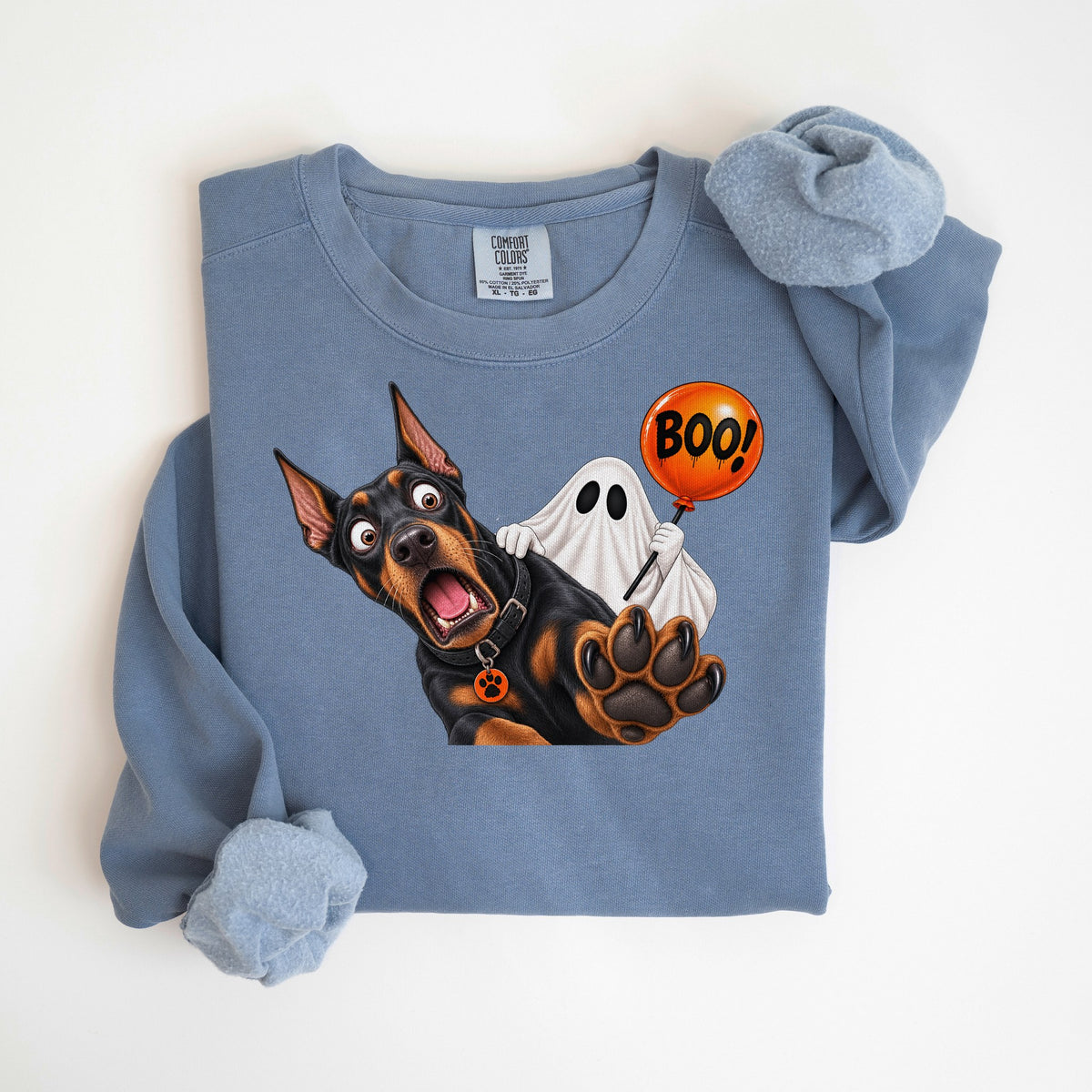 Boo! Doberman & Ghost - Comfort Colors crewneck in Blue Jean