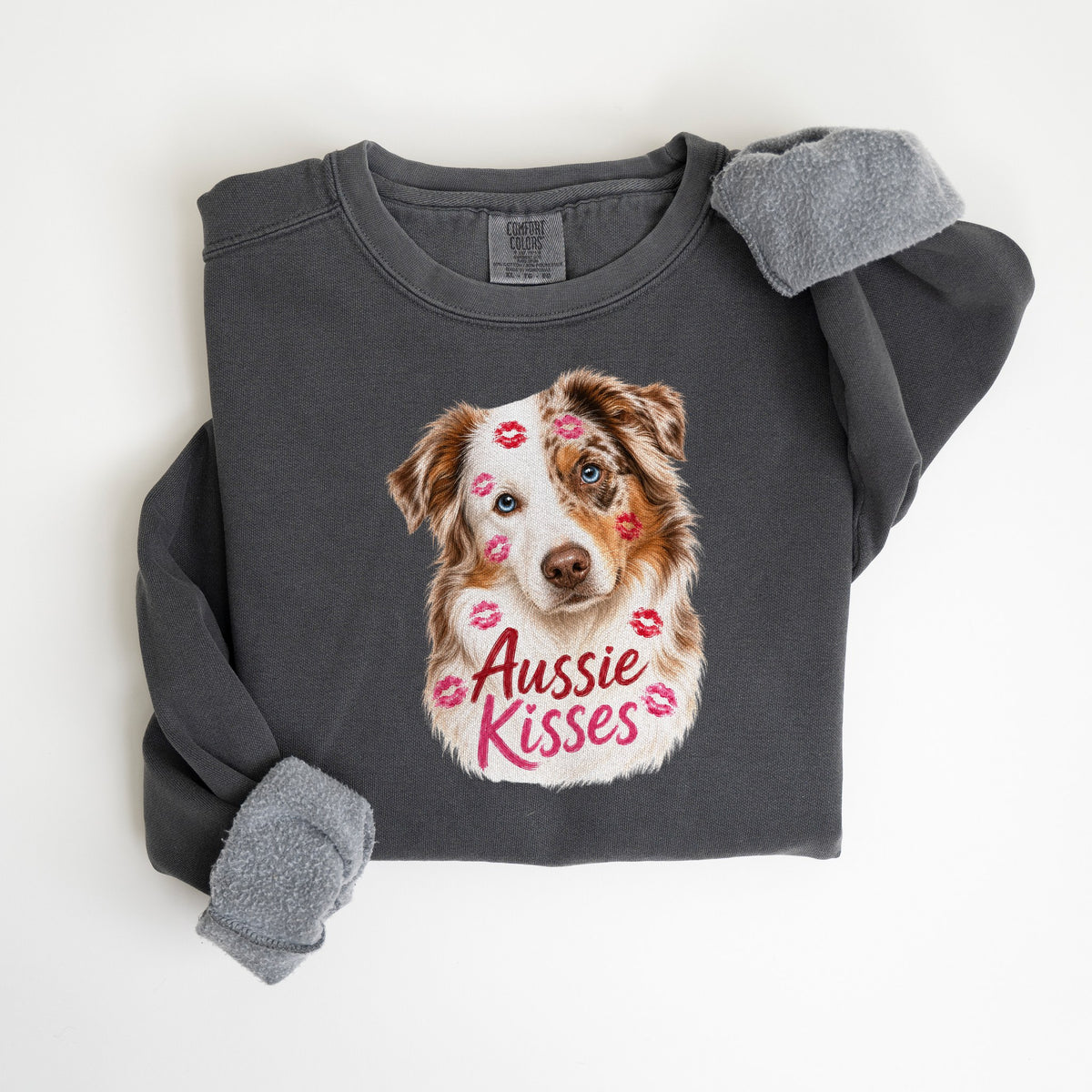 Aussie Kisses - Red Merle - Comfort Colors crewneck in Pepper