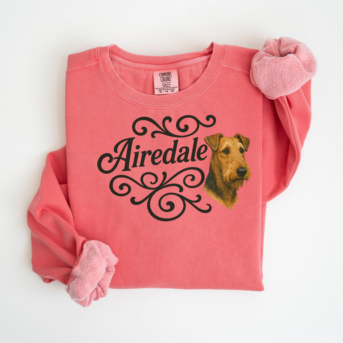 Airedale Portrait & Script - Comfort Colors crewneck in Watermelon