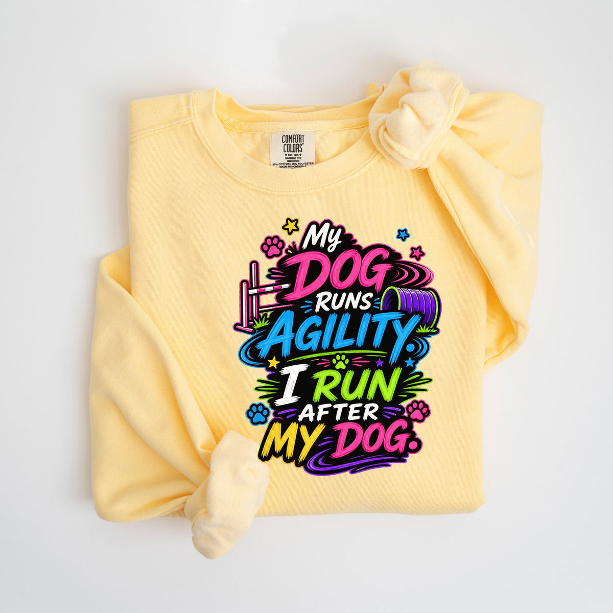 My Dog Runs Agility, I Run After My Dog - Neon Brush - Comfort Colors crewneck in Butter