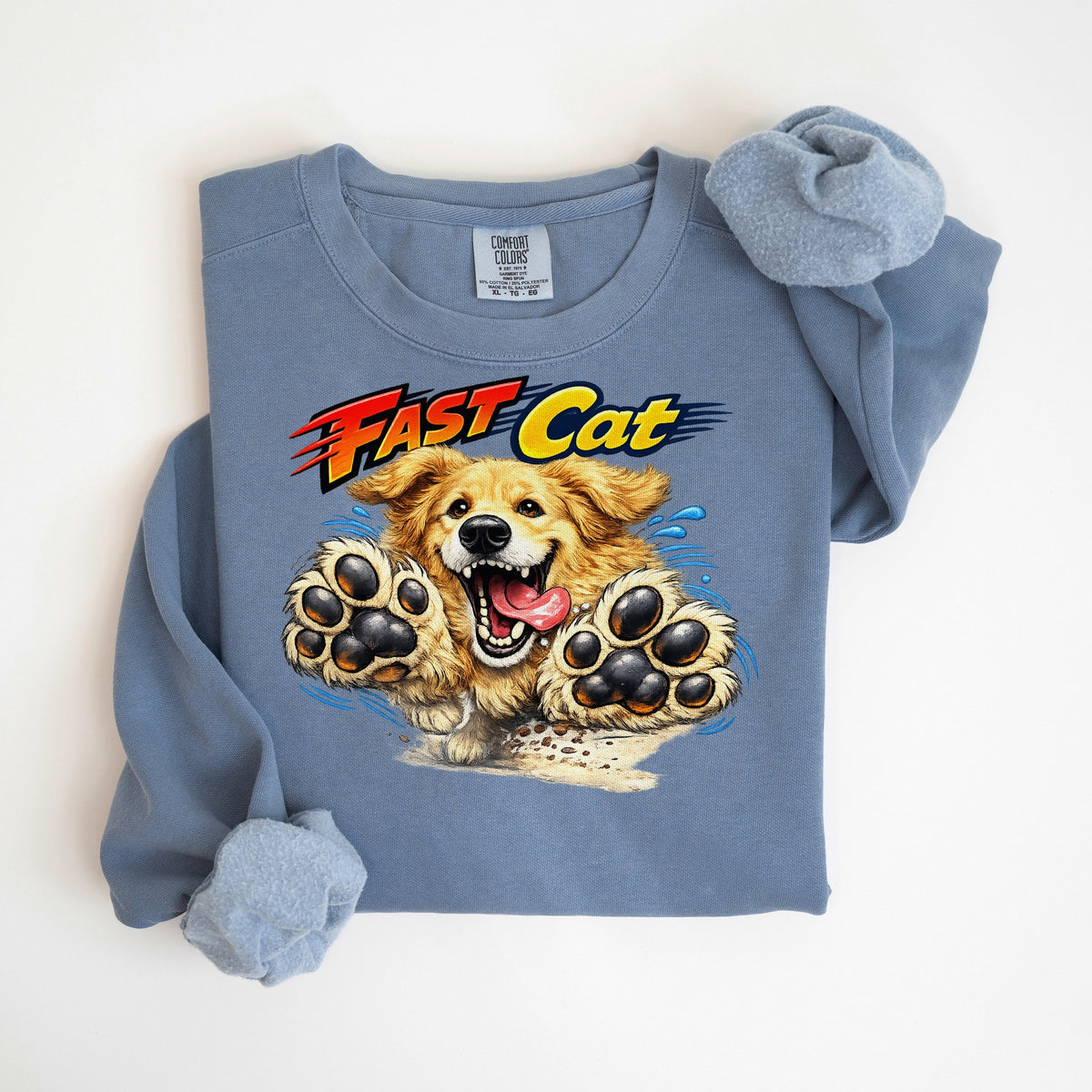 Fast CAT Big Paws - Golden Retriever - Comfort Colors crewneck in Blue Jean
