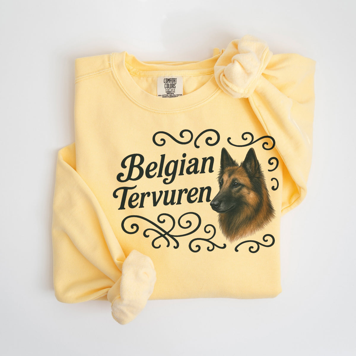 Belgian Tervuren Portrait & Script - Comfort Colors crewneck in Butter