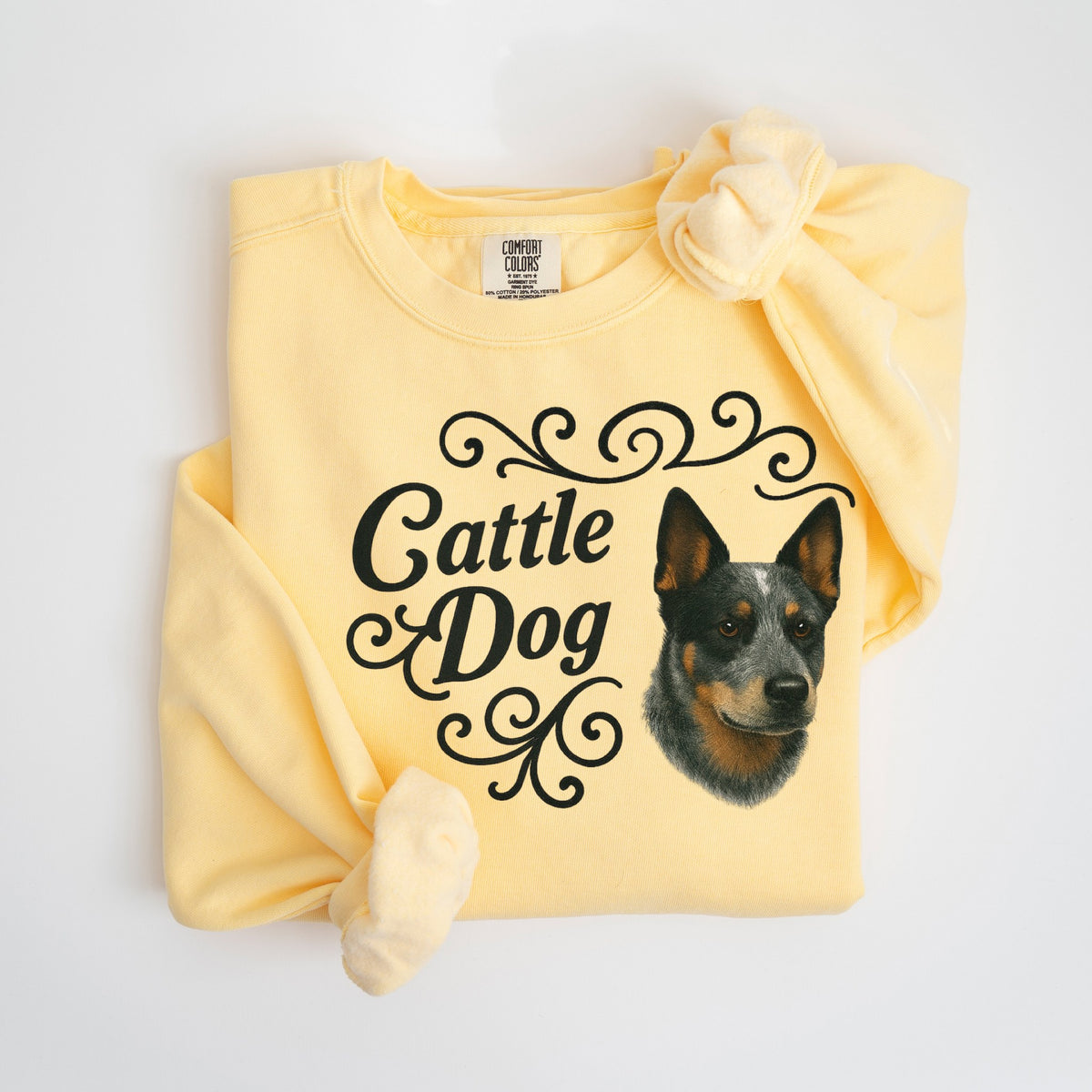 Cattle Dog Portrait & Script - Comfort Colors crewneck in Butter