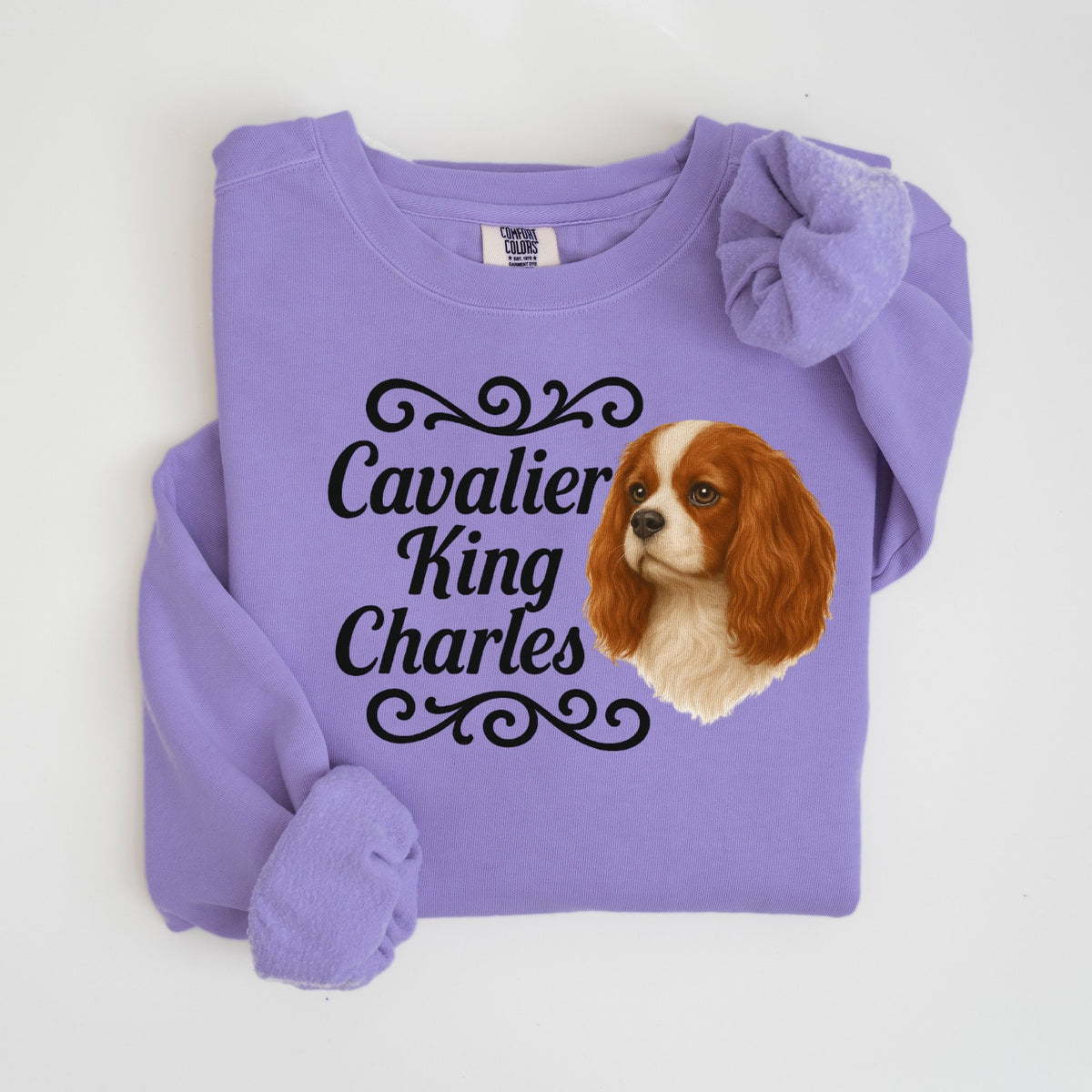Cavalier King Charles Portrait & Script - Comfort Colors crewneck in Violet
