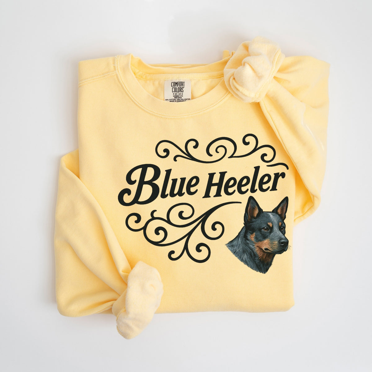 Blue Heeler Portrait & Script - Comfort Colors crewneck in Butter