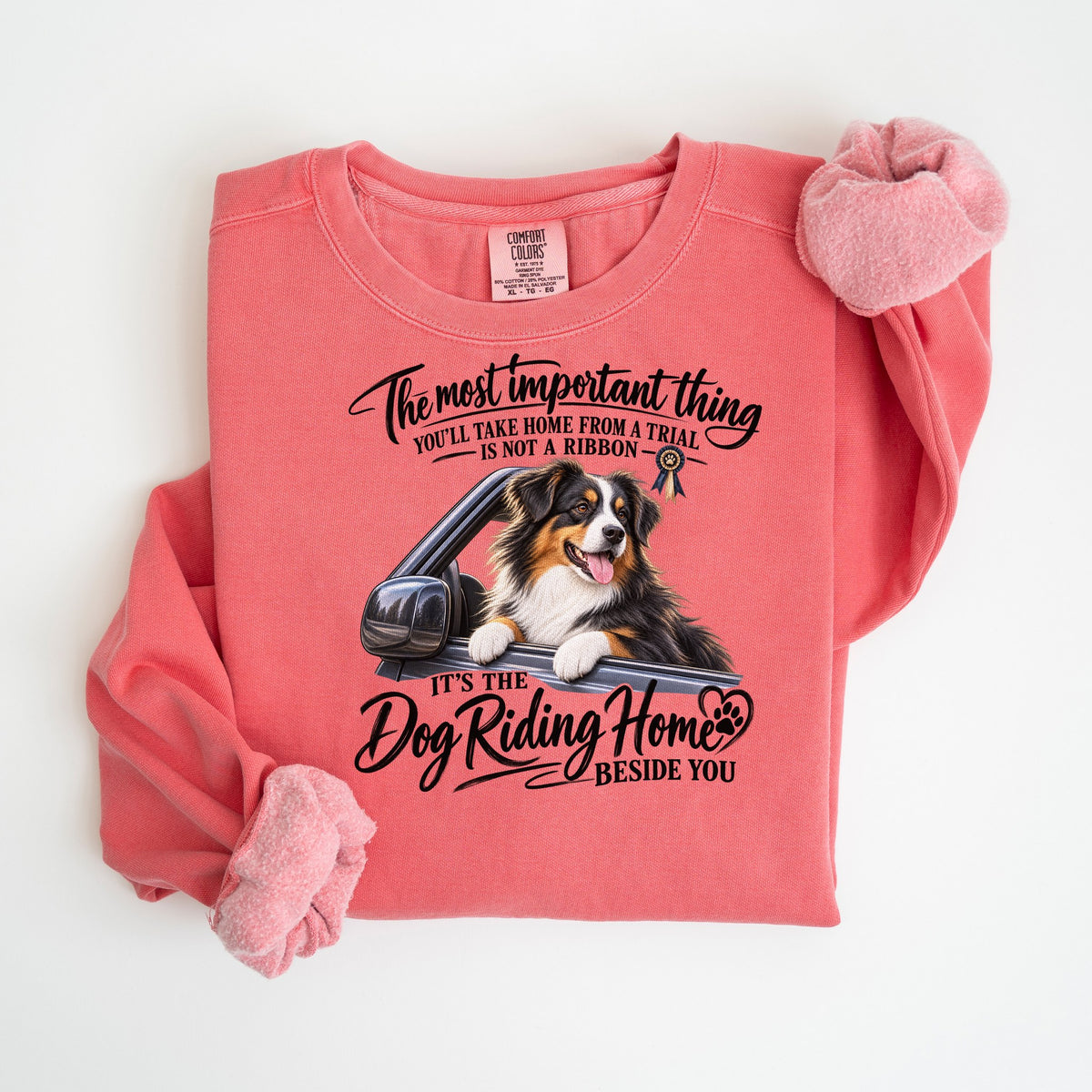 The Dog Riding Home Beside You - Australian Shepherd - Comfort Colors crewneck in Watermelon