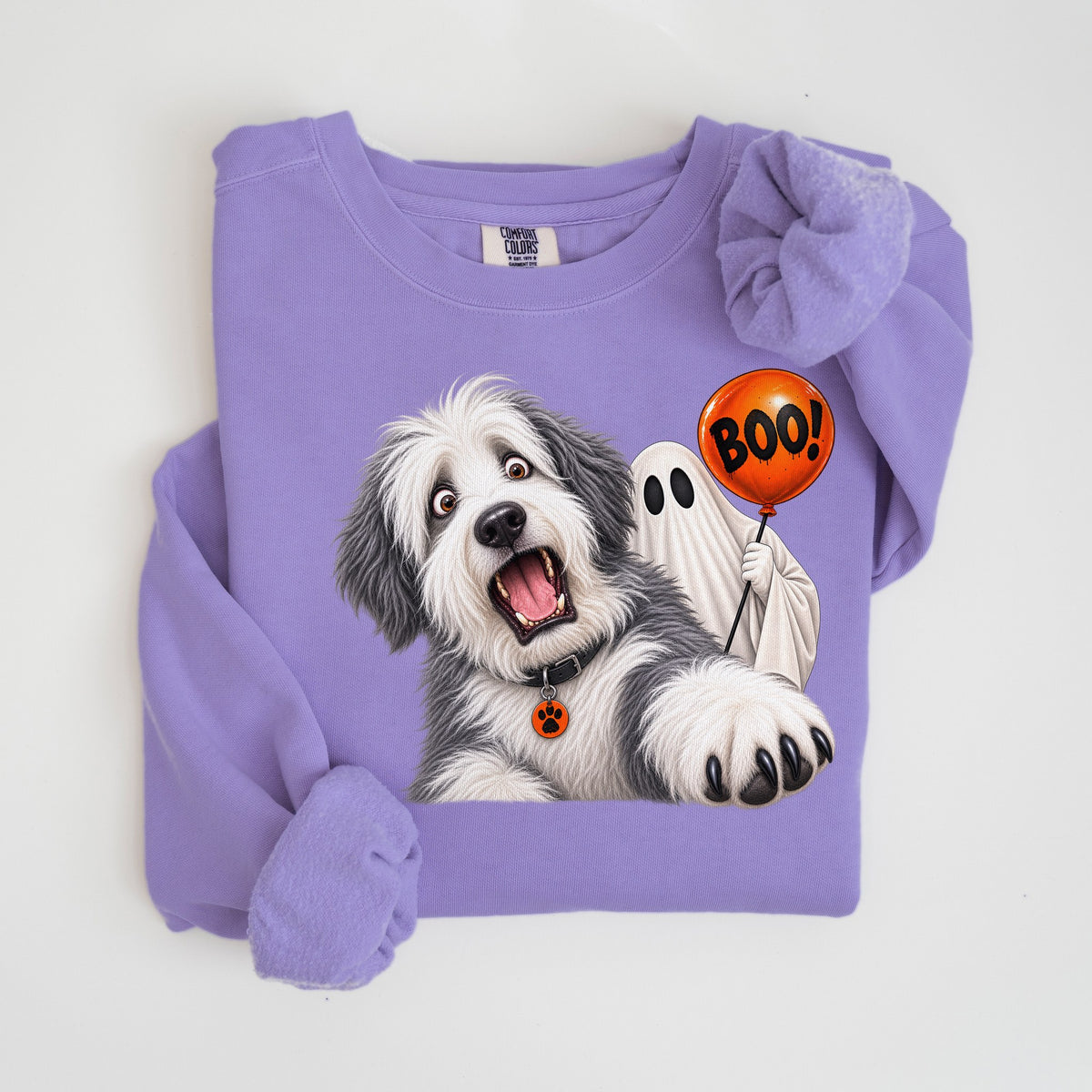 Boo! Sheepdog & Ghost - Comfort Colors crewneck in Violet