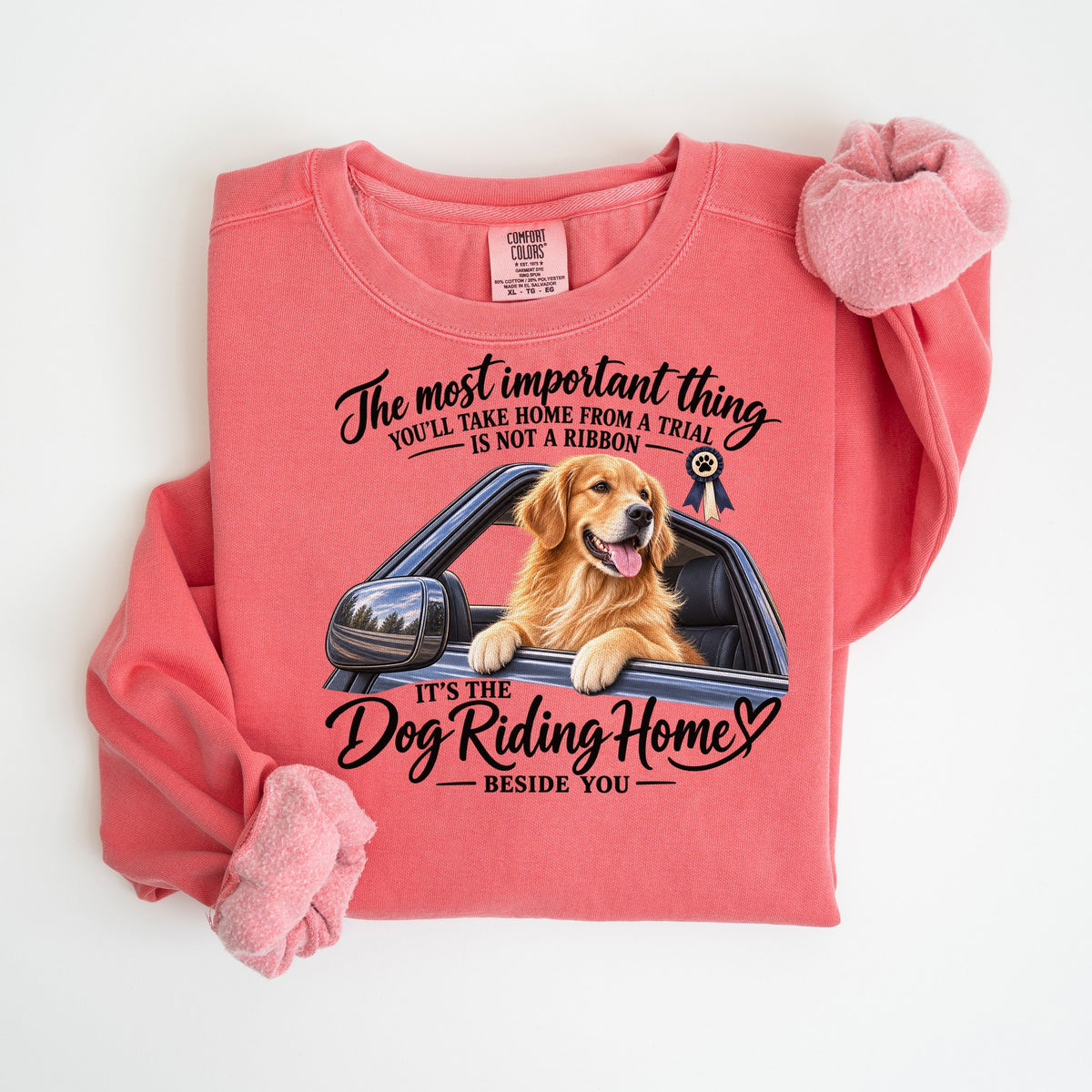 The Dog Riding Home Beside You - Golden Retriever - Comfort Colors crewneck in Watermelon