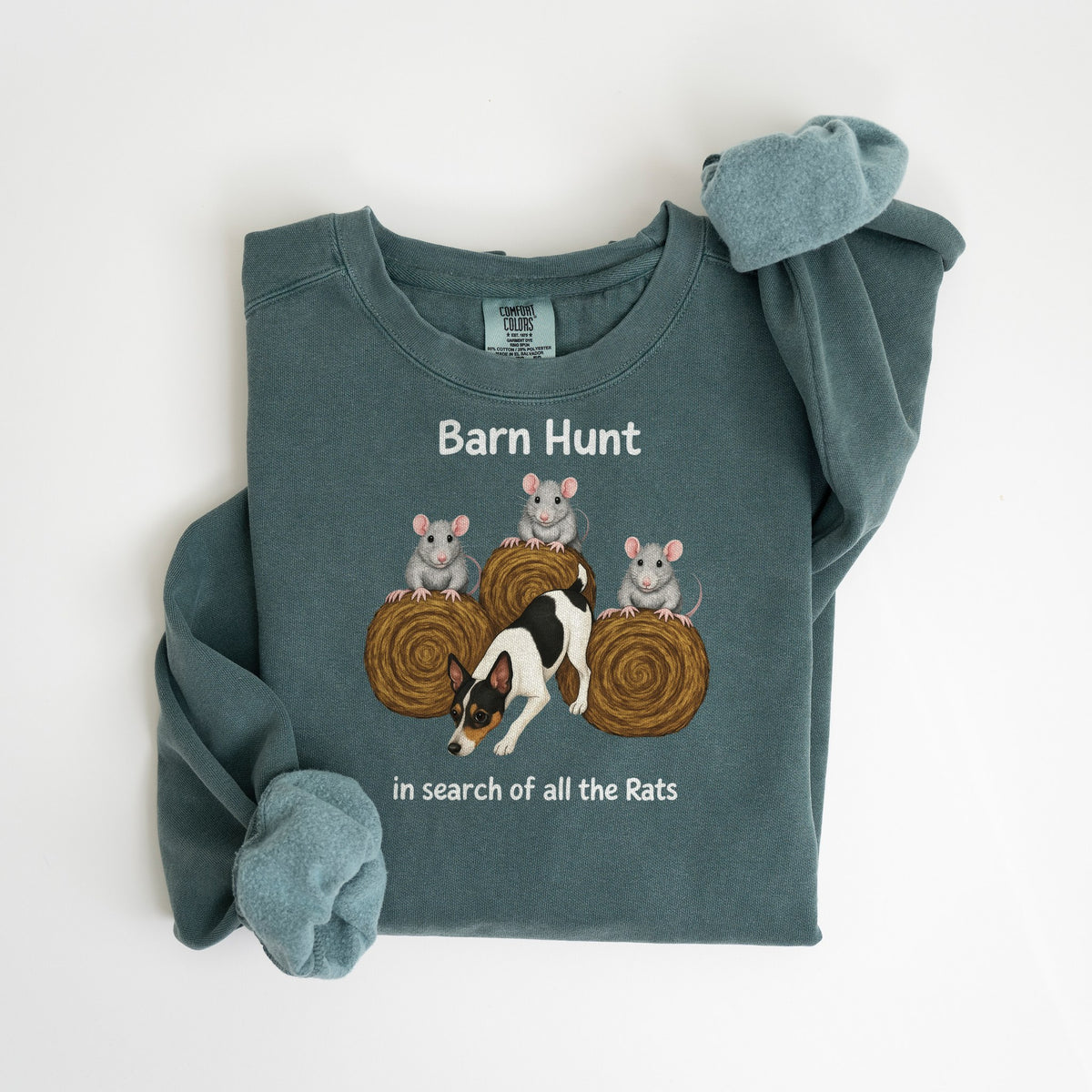 Barn Hunt: In Search of All the Rats - Rat Terrier - Comfort Colors crewneck in Blue Spruce