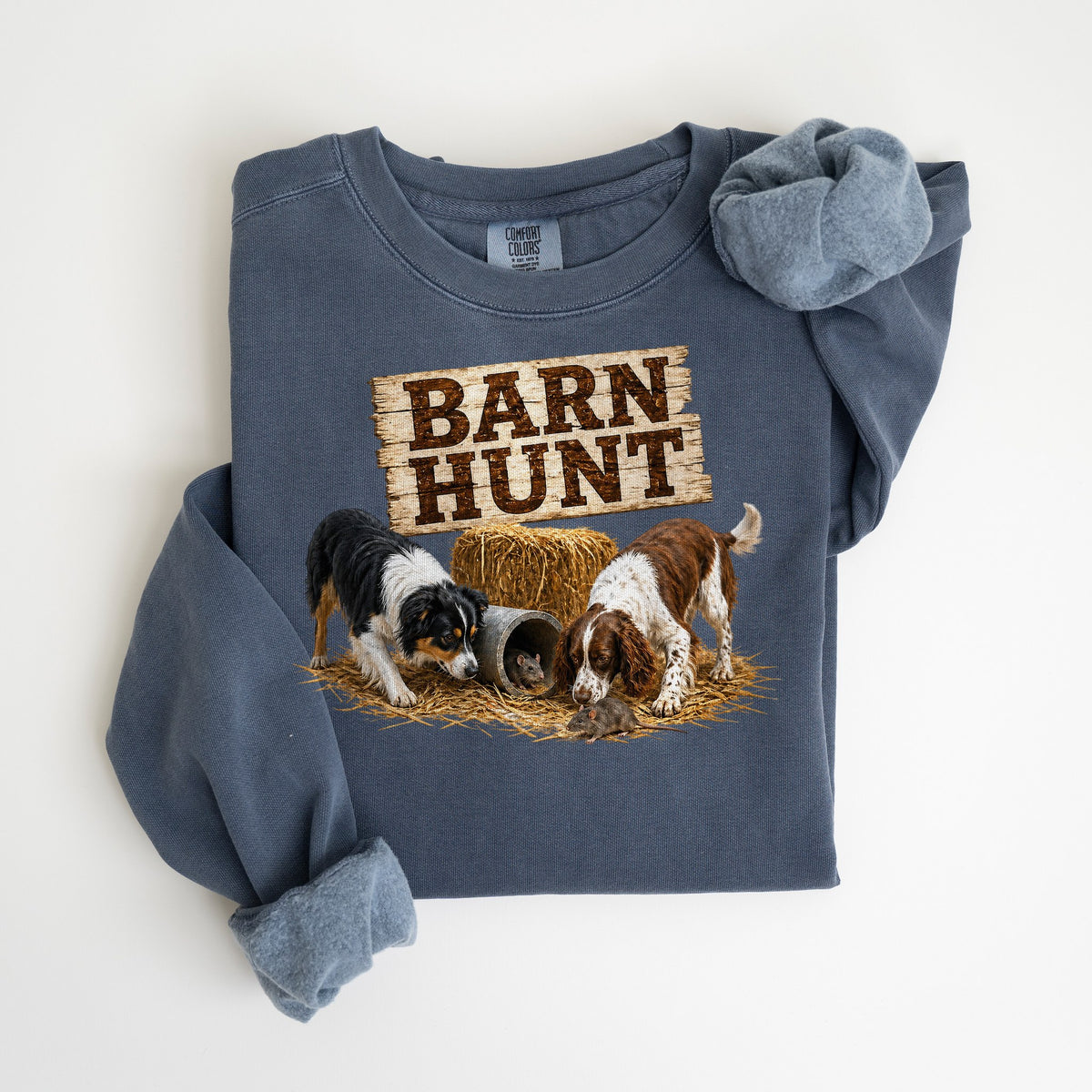 Barn Hunt Sign - Australian Shepherd & Springer Spaniel - Comfort Colors crewneck in Denim