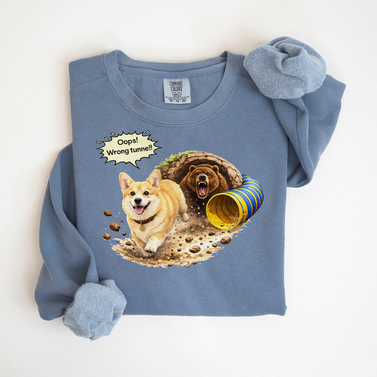 Oops! Wrong Tunnel - Corgi - Comfort Colors crewneck in Blue Jean