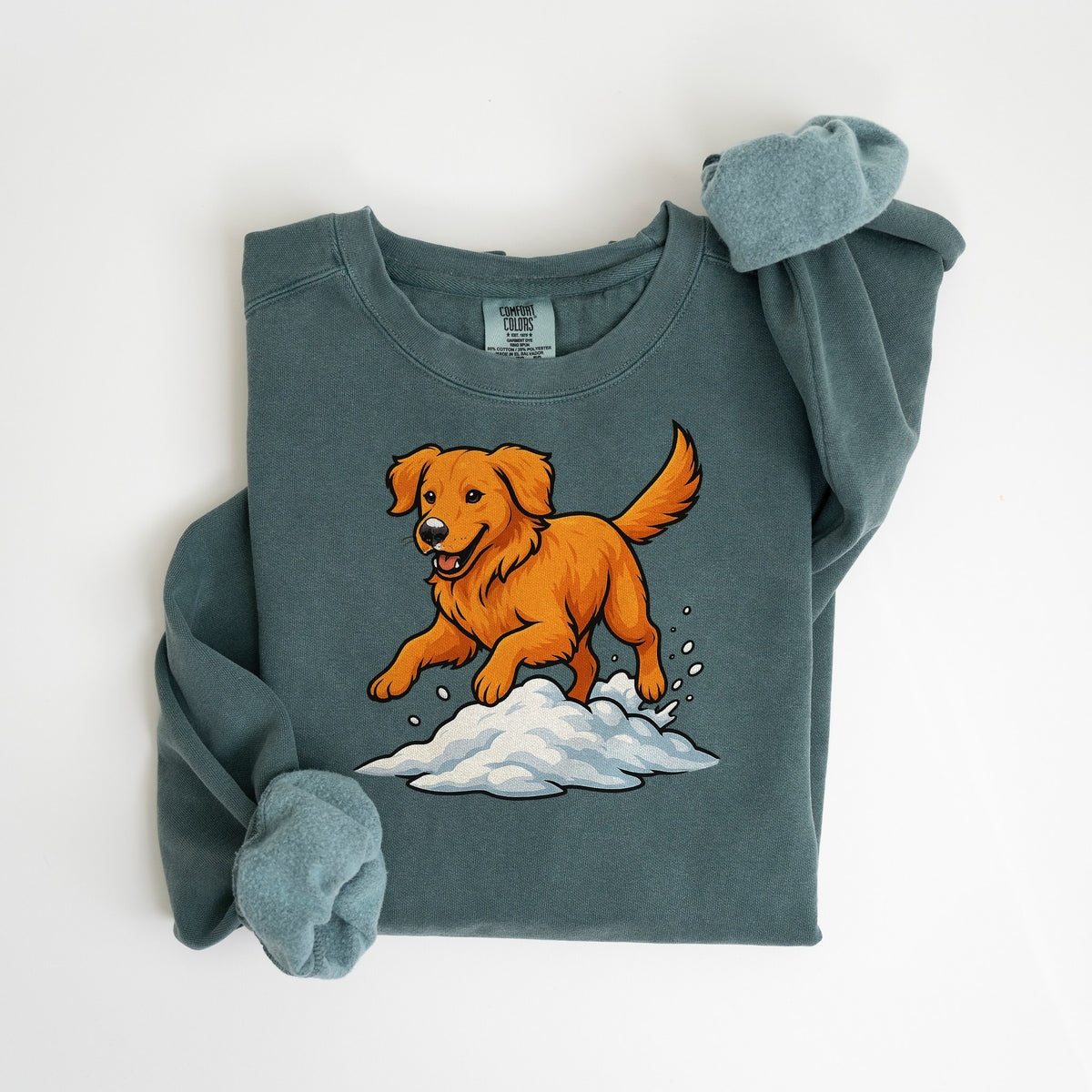 Snow Day - Red Golden Retriever - Comfort Colors crewneck in Blue Spruce