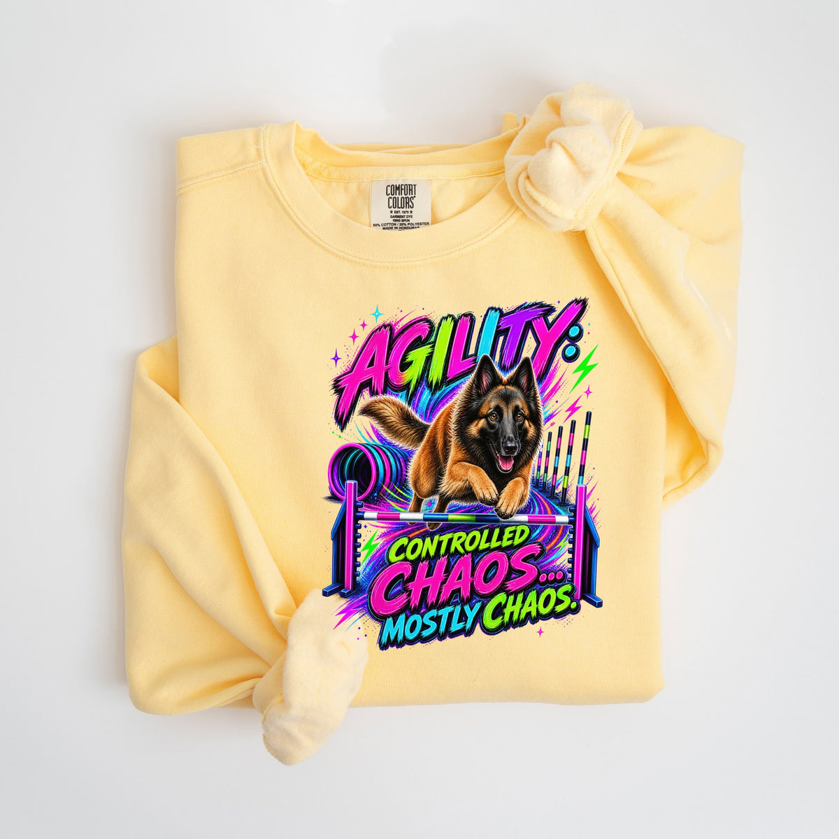 Agility: Controlled Chaos... Mostly Chaos - Belgian Tervuren - Comfort Colors crewneck in Butter