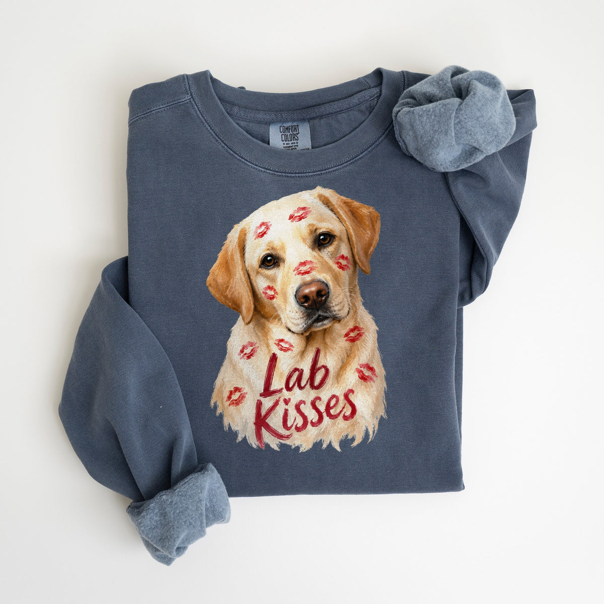 Lab Kisses - Yellow Lab - Comfort Colors crewneck in Denim