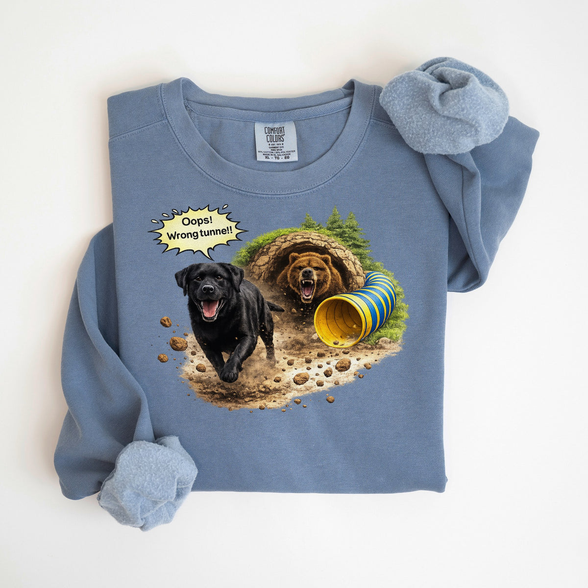 Oops! Wrong Tunnel - Black Lab - Comfort Colors crewneck in Blue Jean