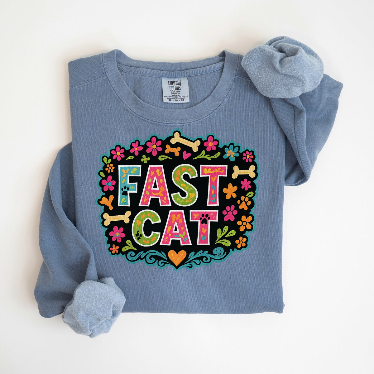 Fast CAT Flowers & Bones - Comfort Colors crewneck in Blue Jean
