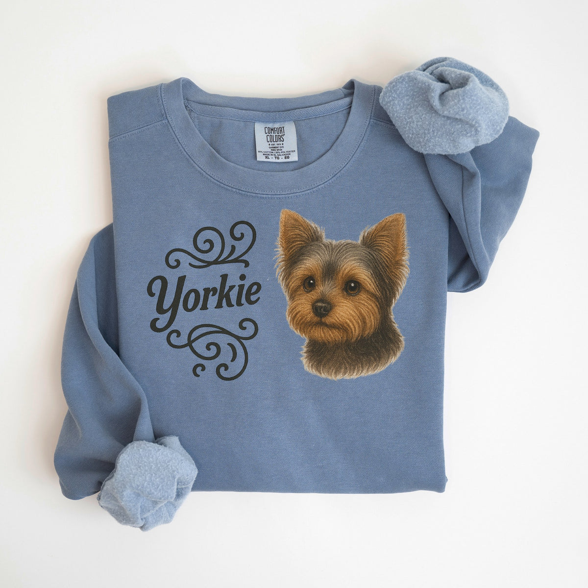 Yorkie Portrait & Script - Comfort Colors crewneck in Blue Jean
