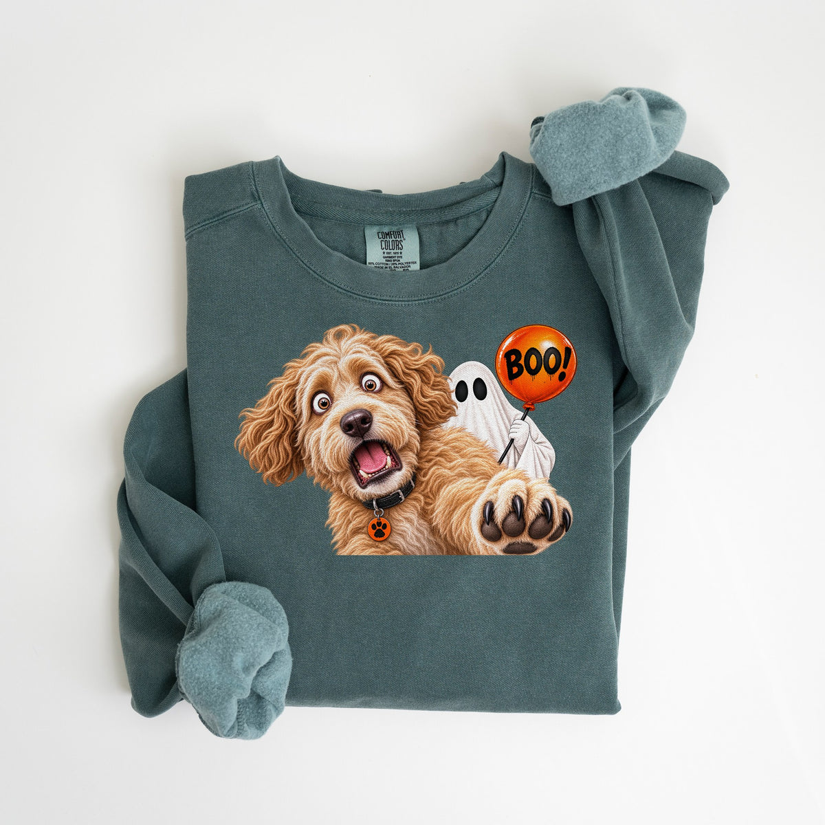 Boo! Tan Doodle & Ghost - Comfort Colors crewneck in Blue Spruce