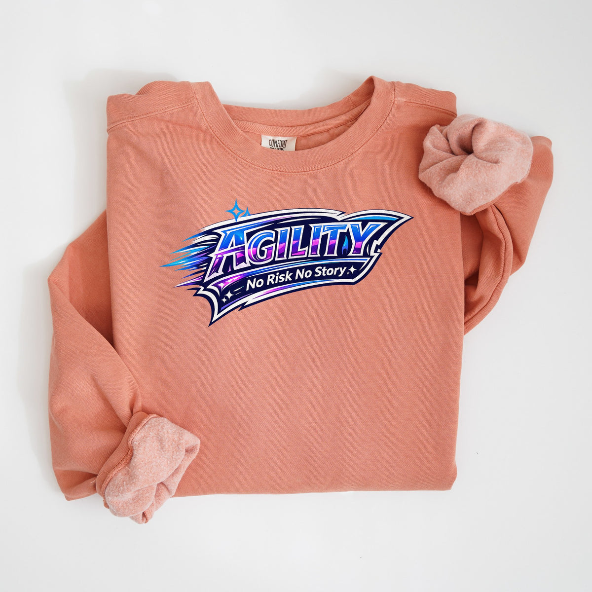 Agility: No Risk No Story - Purple & Blue - Comfort Colors crewneck in Terracotta