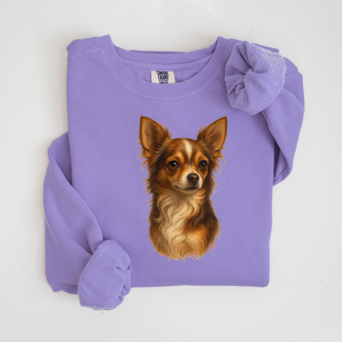 Long-Coat Chihuahua Painted Portrait - Comfort Colors crewneck in Violet