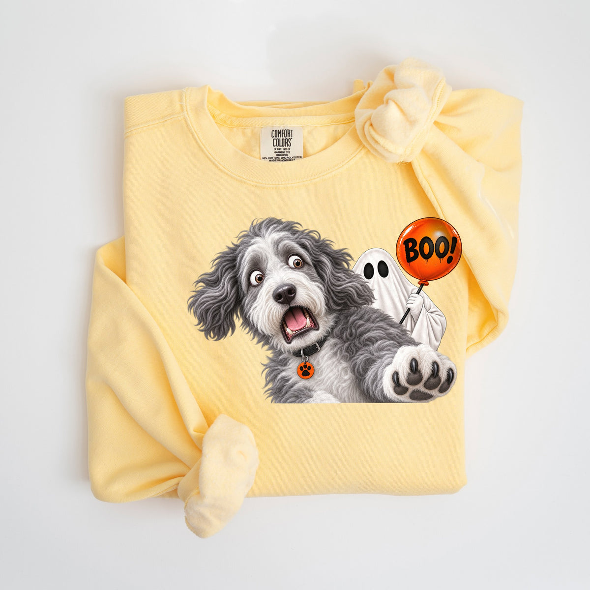 Boo! Gray Doodle & Ghost - Comfort Colors crewneck in Butter