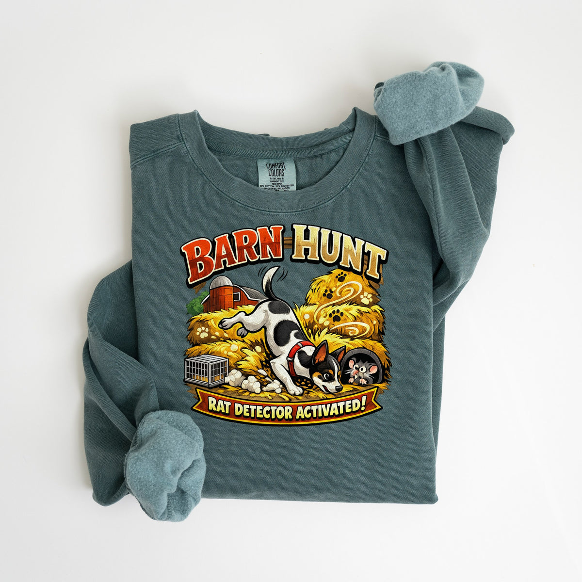 Barn Hunt Rat Detector Activated - Rat Terrier - Comfort Colors crewneck in Blue Spruce