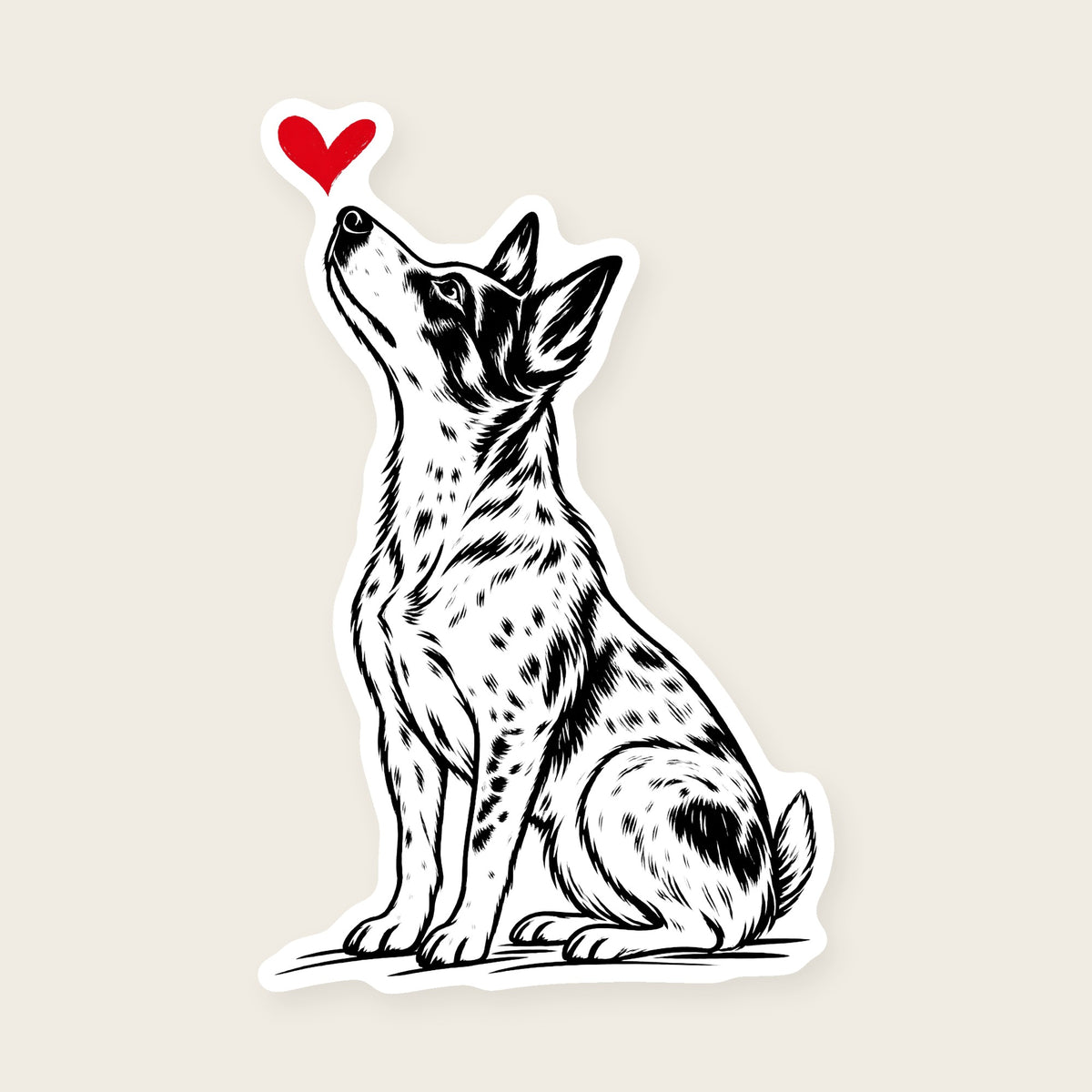 Australian Cattle Dog Heart Decal - Australian Cattle Dog with a red heart, die-cut vinyl sticker