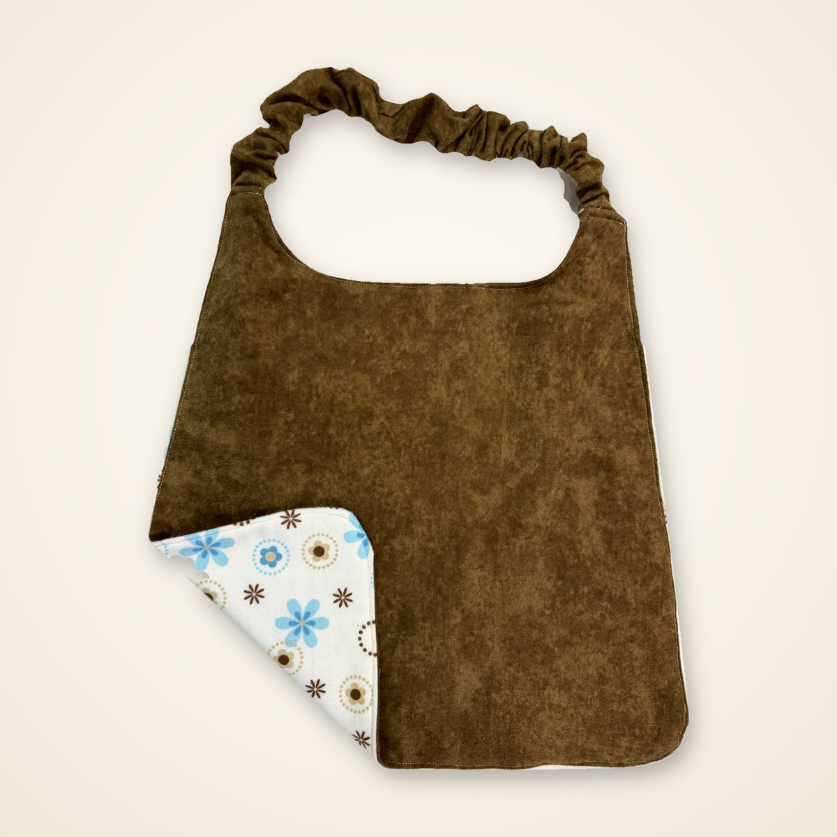 Blue Flowers / Chocolate Brown drool bib, brown side