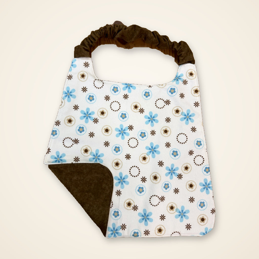 Blue Flowers / Chocolate Brown drool bib, flower side