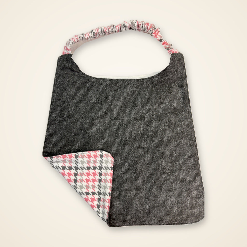 Pink Houndstooth / Heather Gray drool bib, gray side