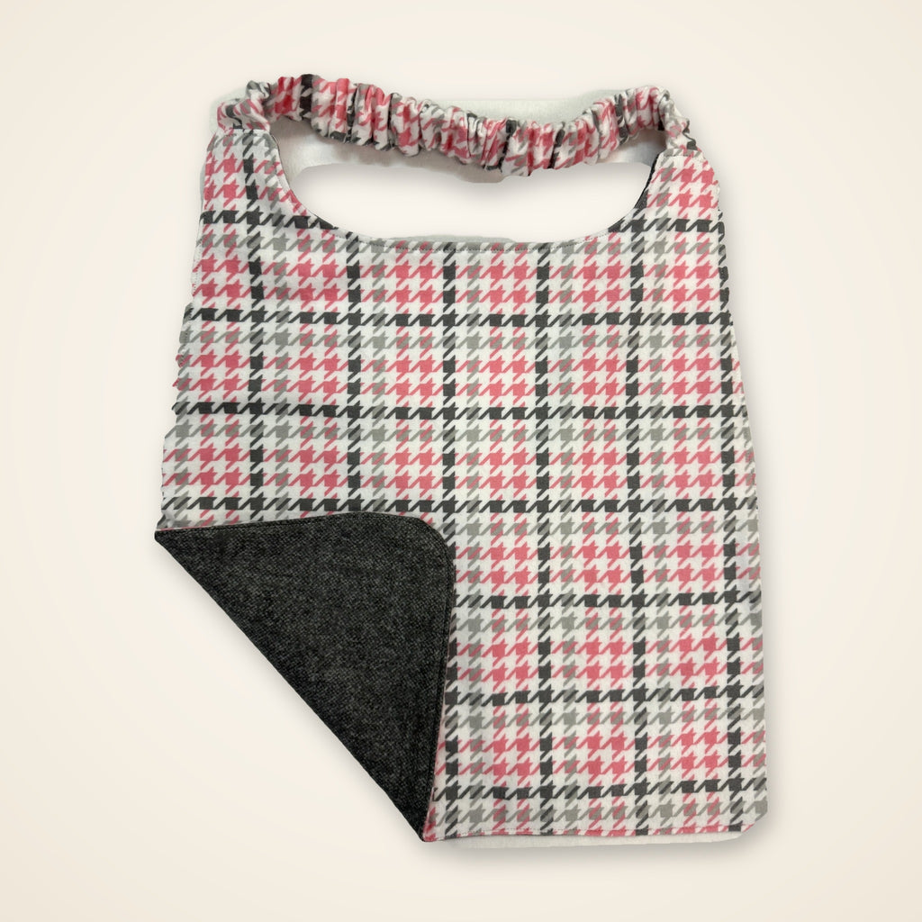 Pink Houndstooth / Heather Gray drool bib, houndstooth side